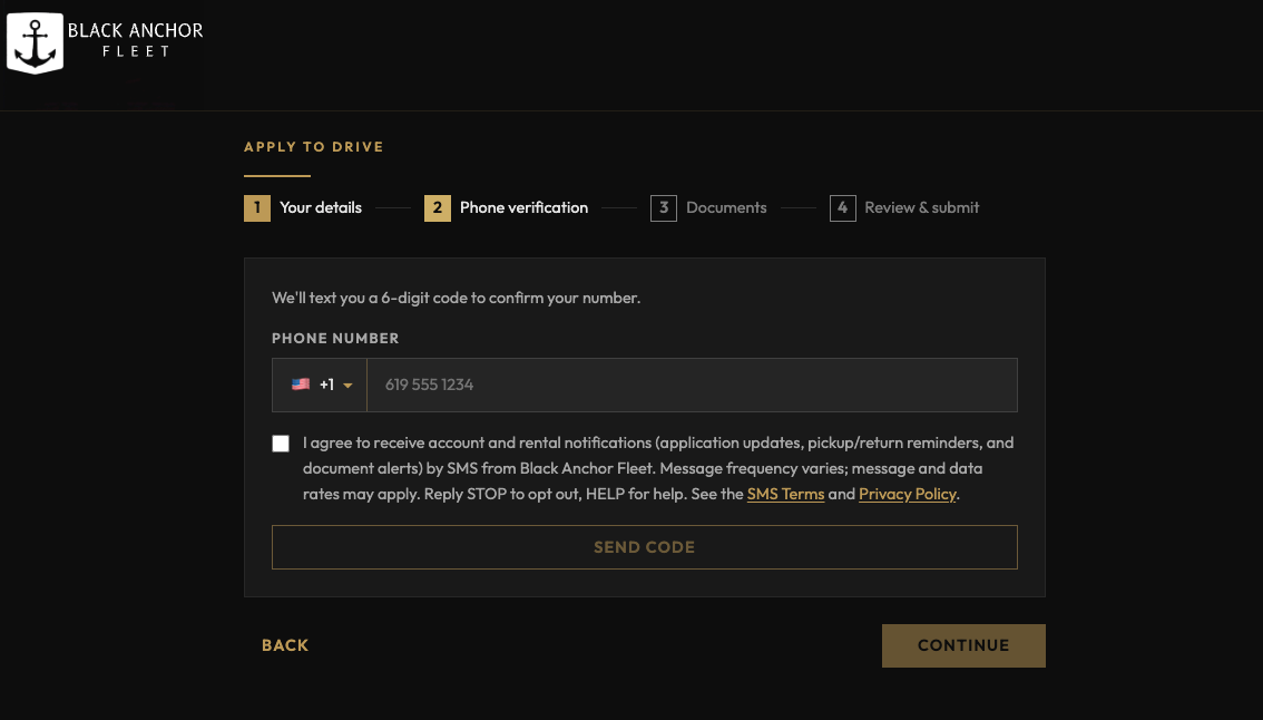 Screenshot of the SMS consent checkbox on the Black Anchor Fleet driver application phone-verification step